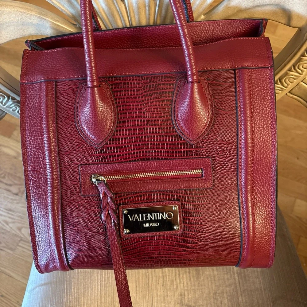 Authentic VALENTINO by Mario Milano Cynthia Red Leather Suede Trapeze Tote Bag